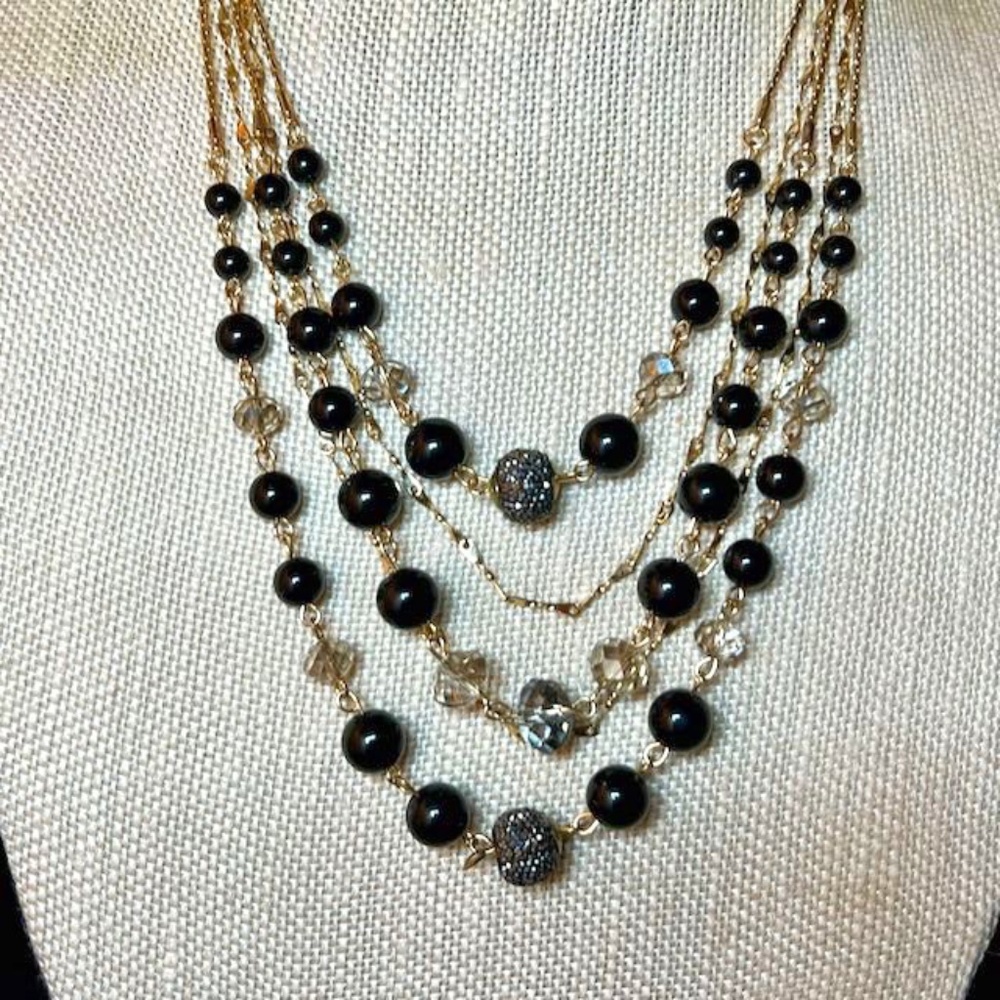 5 Strand Necklace, Beatuful Onxy & Smokey Quartz Beads NWOT